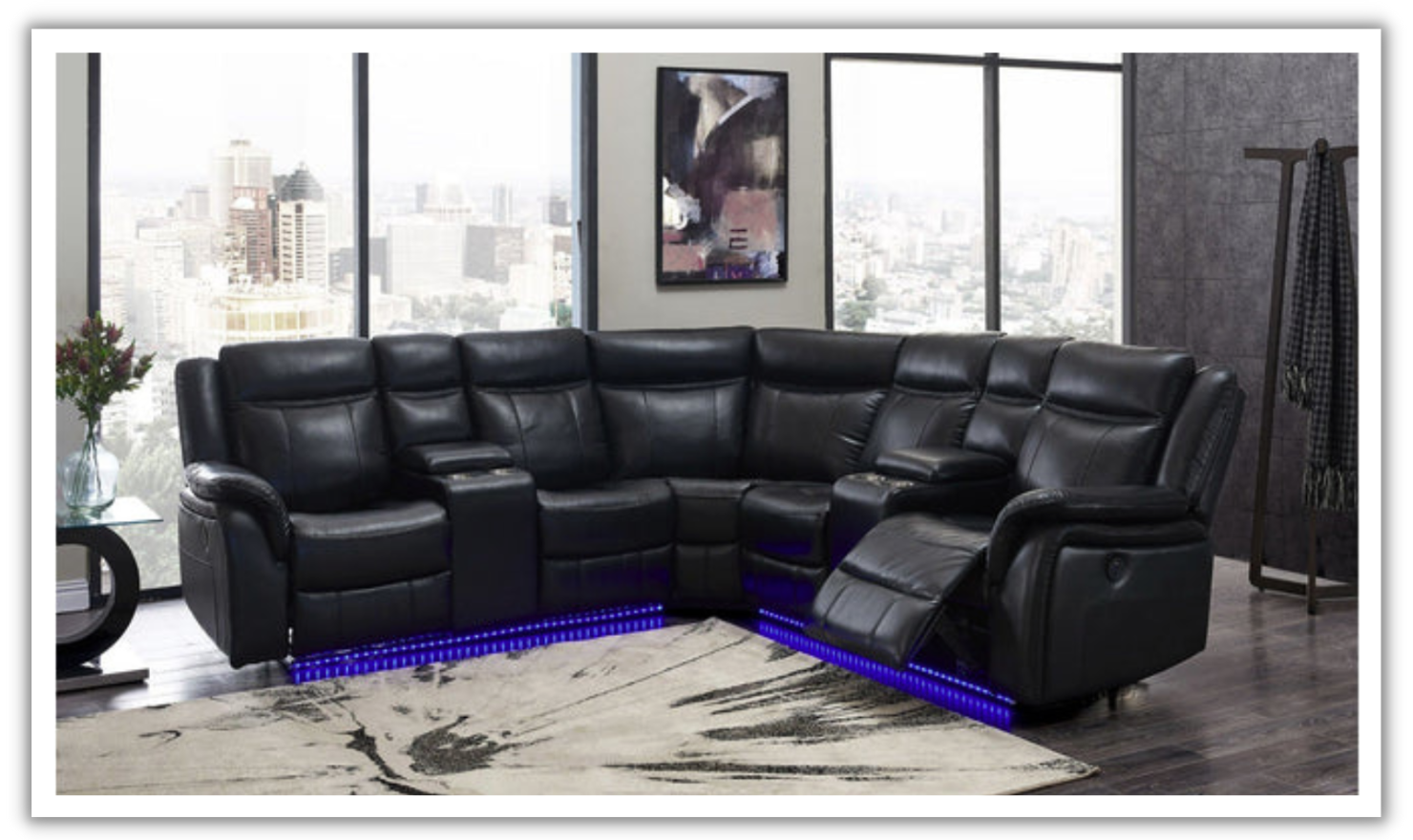 Global Furniture Gracelyn 4-Seater Black Reclining Sectional w/ LED Lighting-jenniferfurniture