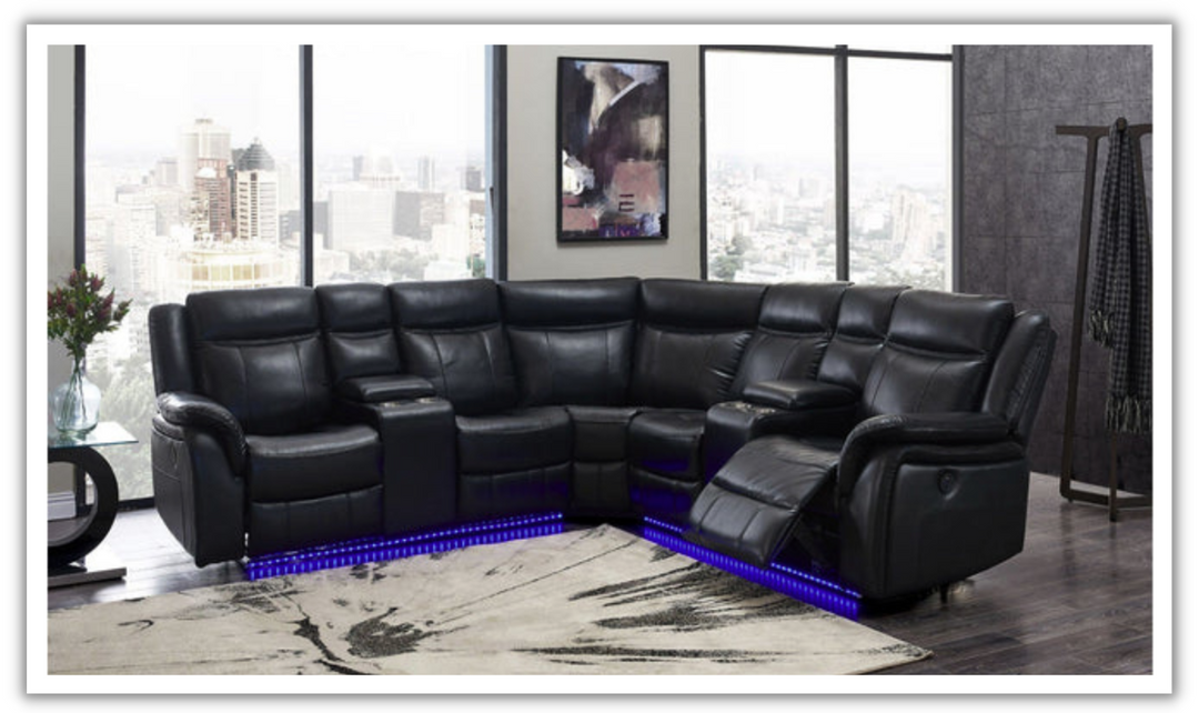 Global Furniture Gracelyn 4-Seater Black Reclining Sectional w/ LED Lighting-jenniferfurniture