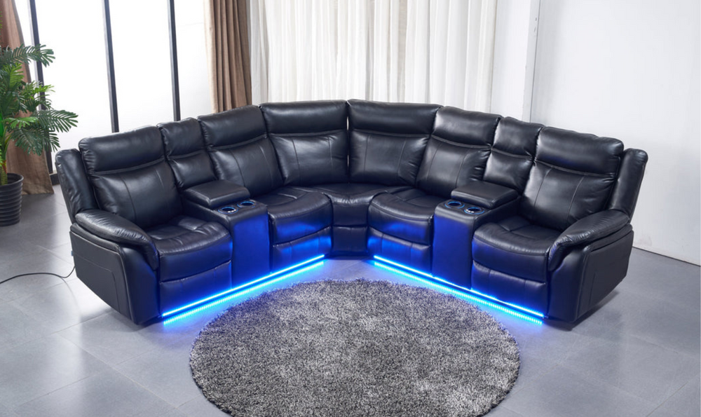 Global Furniture Gracelyn 4-Seater Black Reclining Sectional w/ LED Lighting-jenniferfurniture