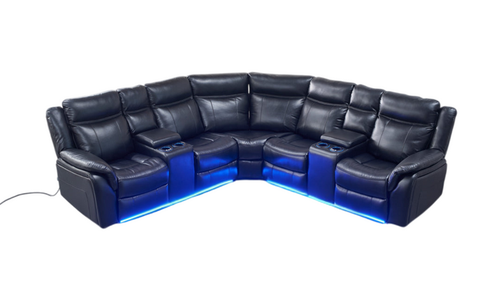 Global Furniture Gracelyn 4-Seater Black Reclining Sectional w/ LED Lighting-jenniferfurniture