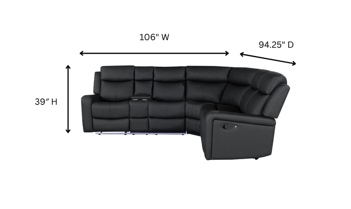 Global Furniture Cordell 4-Seater Black Fabric Sectional Recliner Sofa With LED