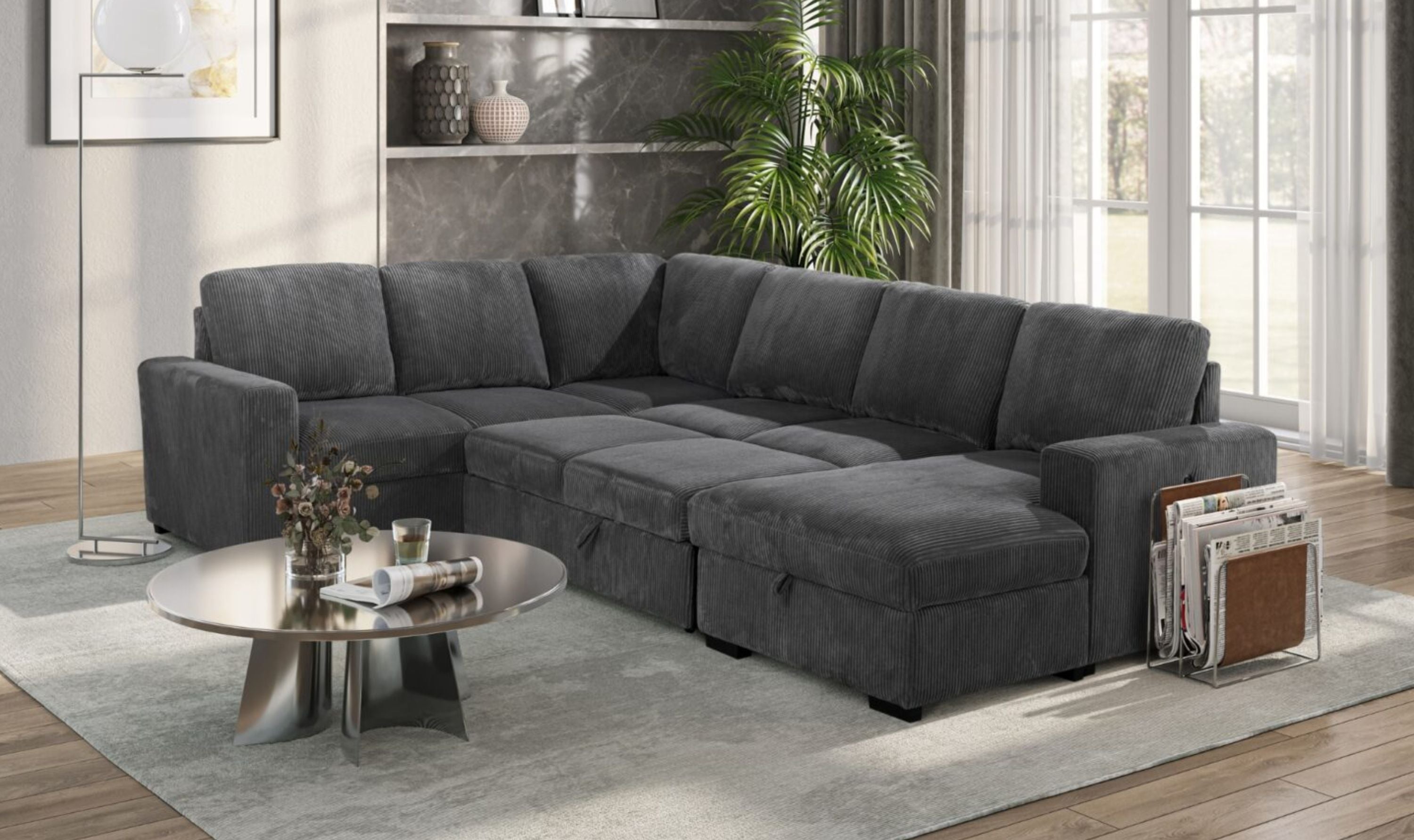 Global Furniture Gray Sectional Pull-Out Sofa Bed-Jennifer Furniture