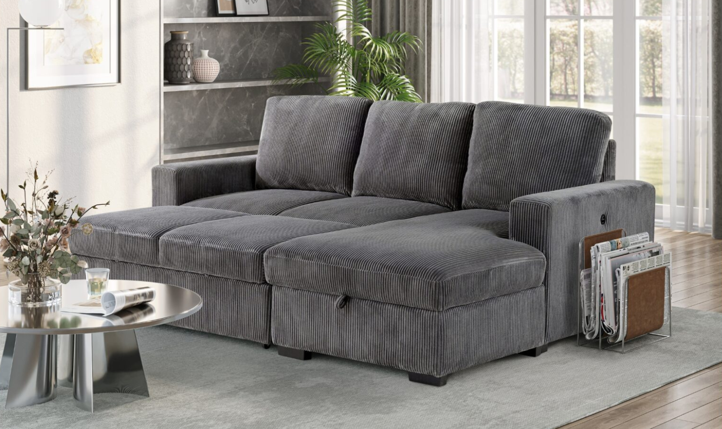 Global Furniture Grey L-Shape Fabric Sectional Sofa with Storage Chaise-jennifer furniture