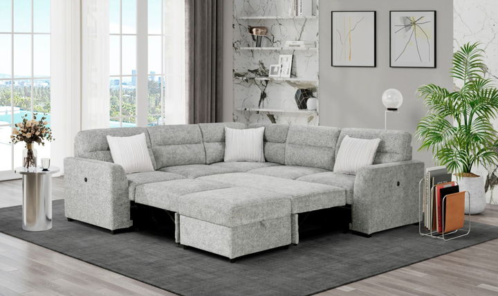 Global Furniture Nickel L-Shape Fabric Sleeper Sectional Sofa With 3 Pillows And Ottoman-Jennifer Furniture