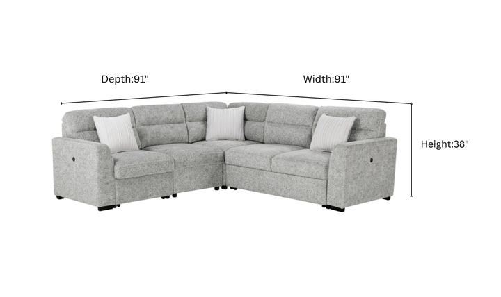 Global Furniture Nickel L-Shape Fabric Sleeper Sectional Sofa With 3 Pillows And Ottoman-Jennifer Furniture