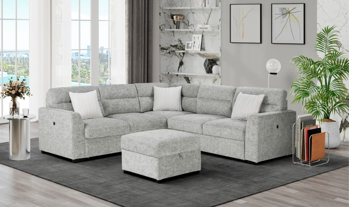 Global Furniture Nickel L-Shape Fabric Sleeper Sectional Sofa With 3 Pillows And Ottoman-Jennifer Furniture