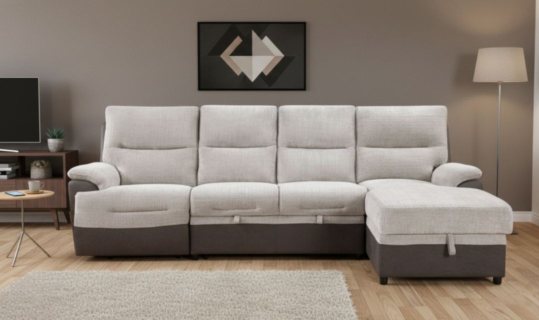 Global Furniture Beige 4-Seater Fabric L-Shape Sectional Sleeper Sofa With USB Ports