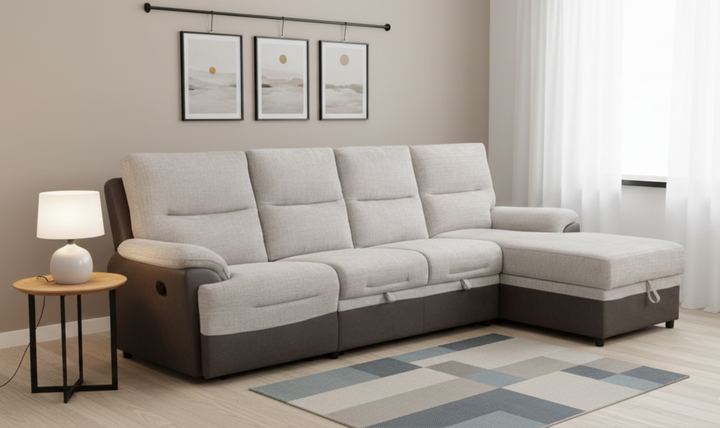 Global Furniture Beige 4-Seater Fabric L-Shape Sectional Sleeper Sofa With USB Ports