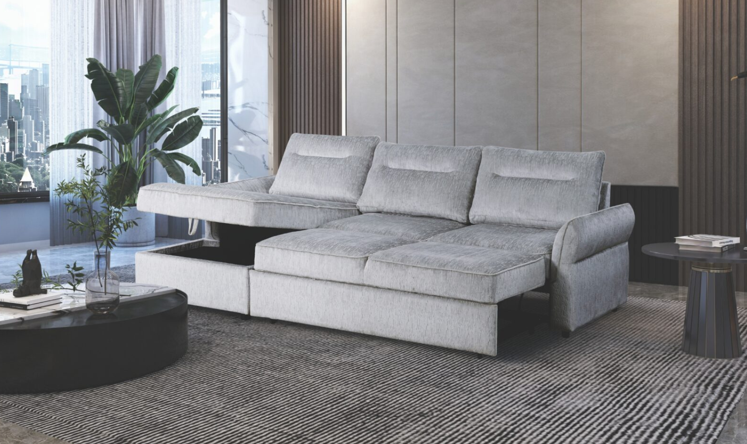 Global Furniture Gray Pull Out 3-Seater Fabric Sofa Bed-jennifer furniture