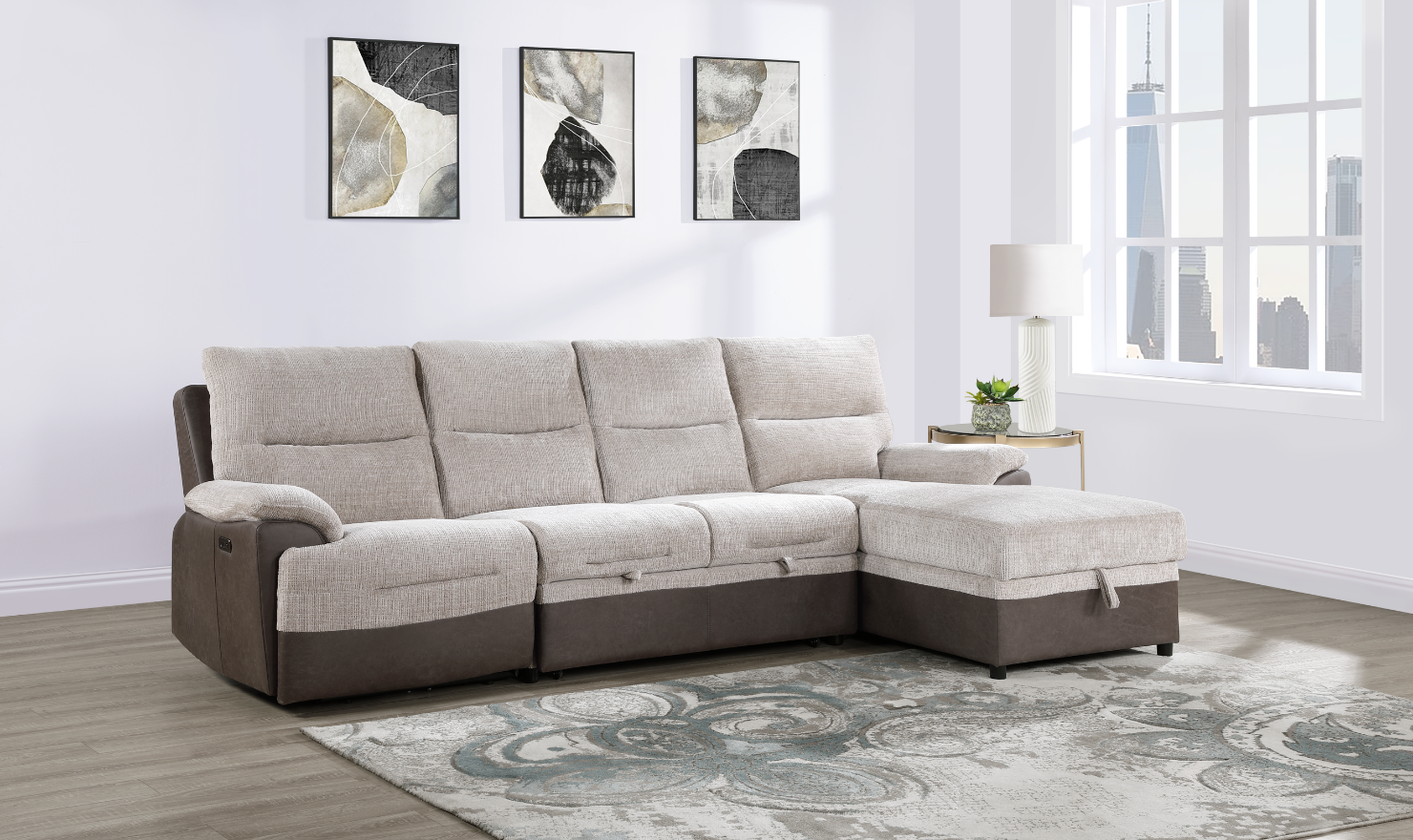 Global Furniture Living Beige 4-Seater Sectional Sofa with USB Port
