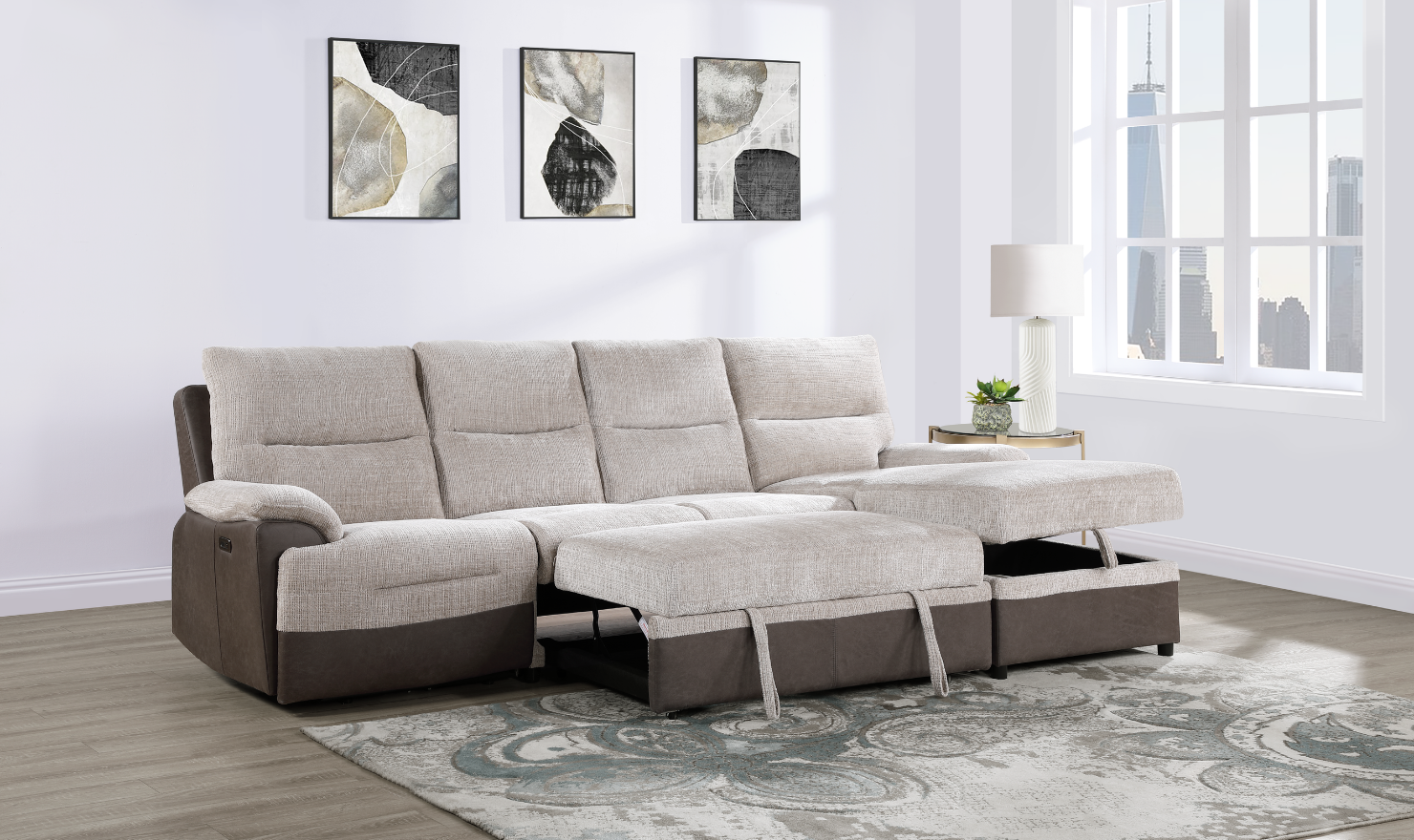 Global Furniture Living Beige 4-Seater Sectional Sofa with USB Port