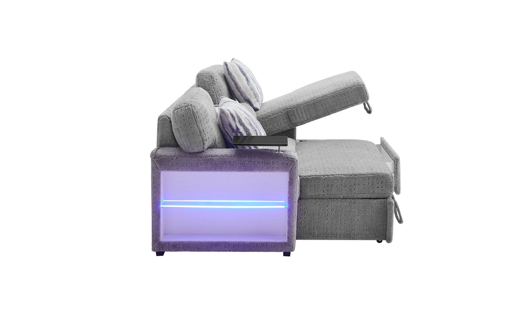 Global Furniture Nova Grey Pull-Out Sofa Bed with LED Bookshelf Arms