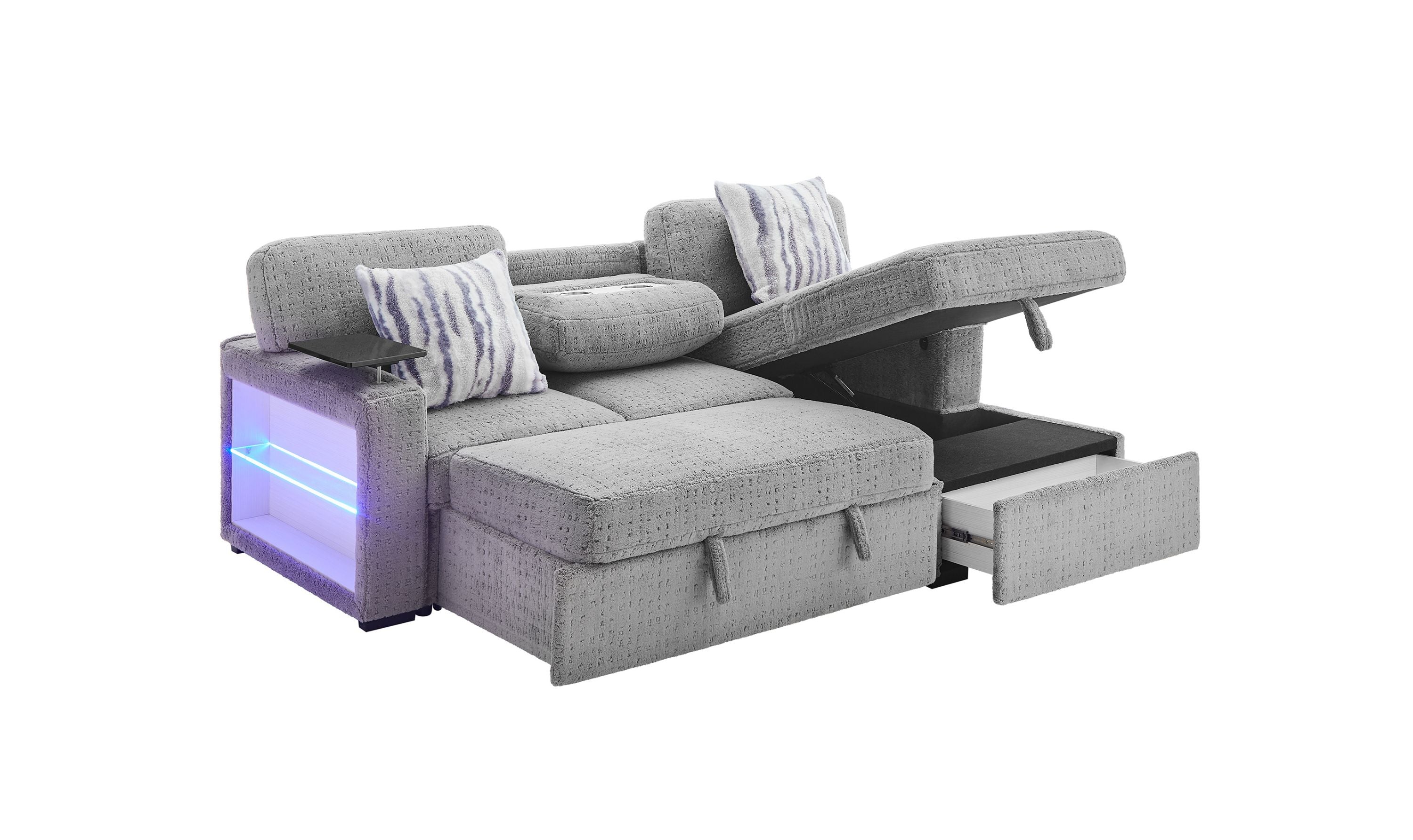 Global Furniture Nova Grey Pull-Out Sofa Bed with LED Bookshelf Arms