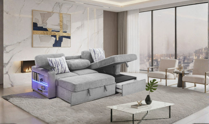 Global Furniture Nova Grey Pull-Out Sofa Bed with LED Bookshelf Arms