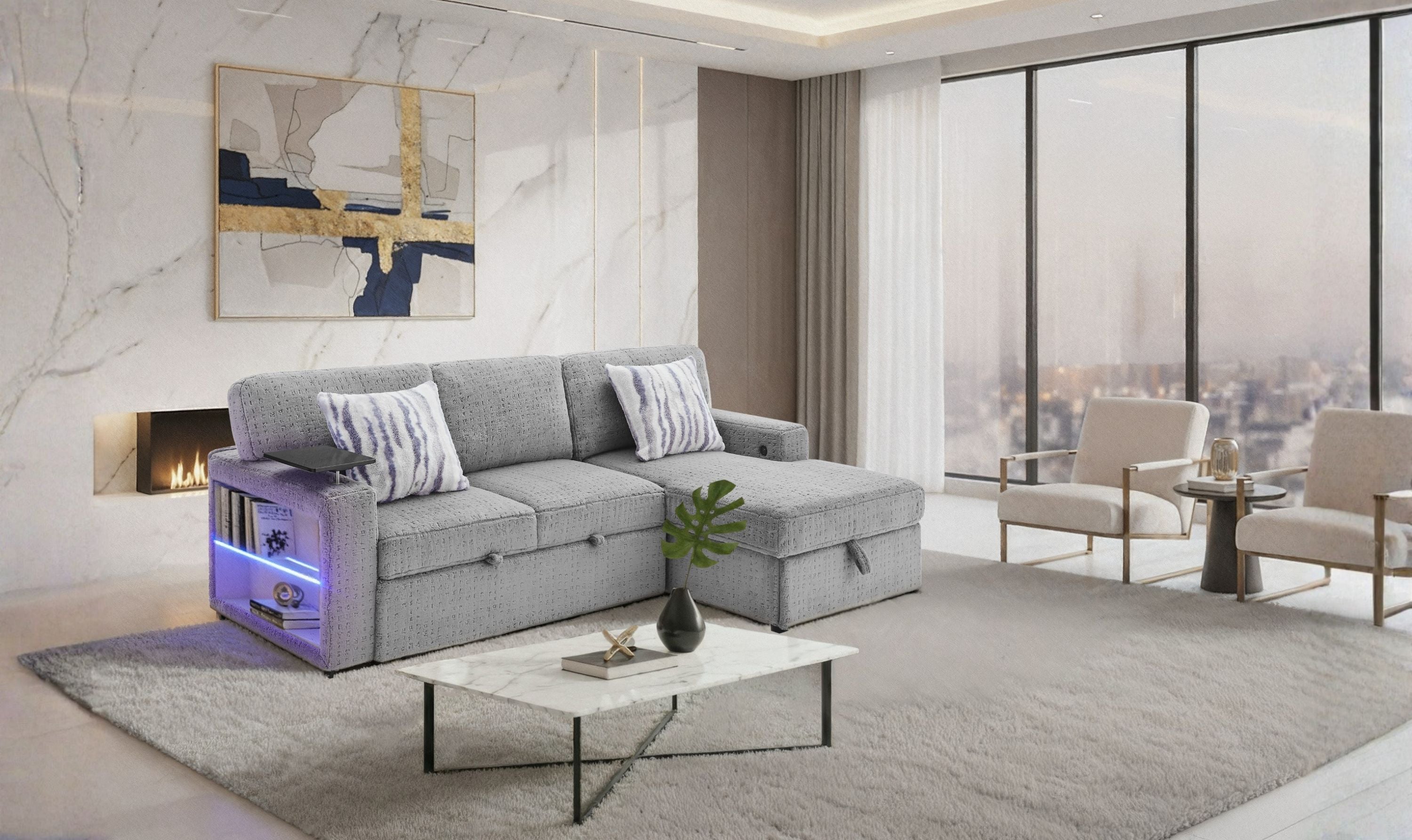 Global Furniture Nova Grey Pull-Out Sofa Bed with LED Bookshelf Arms