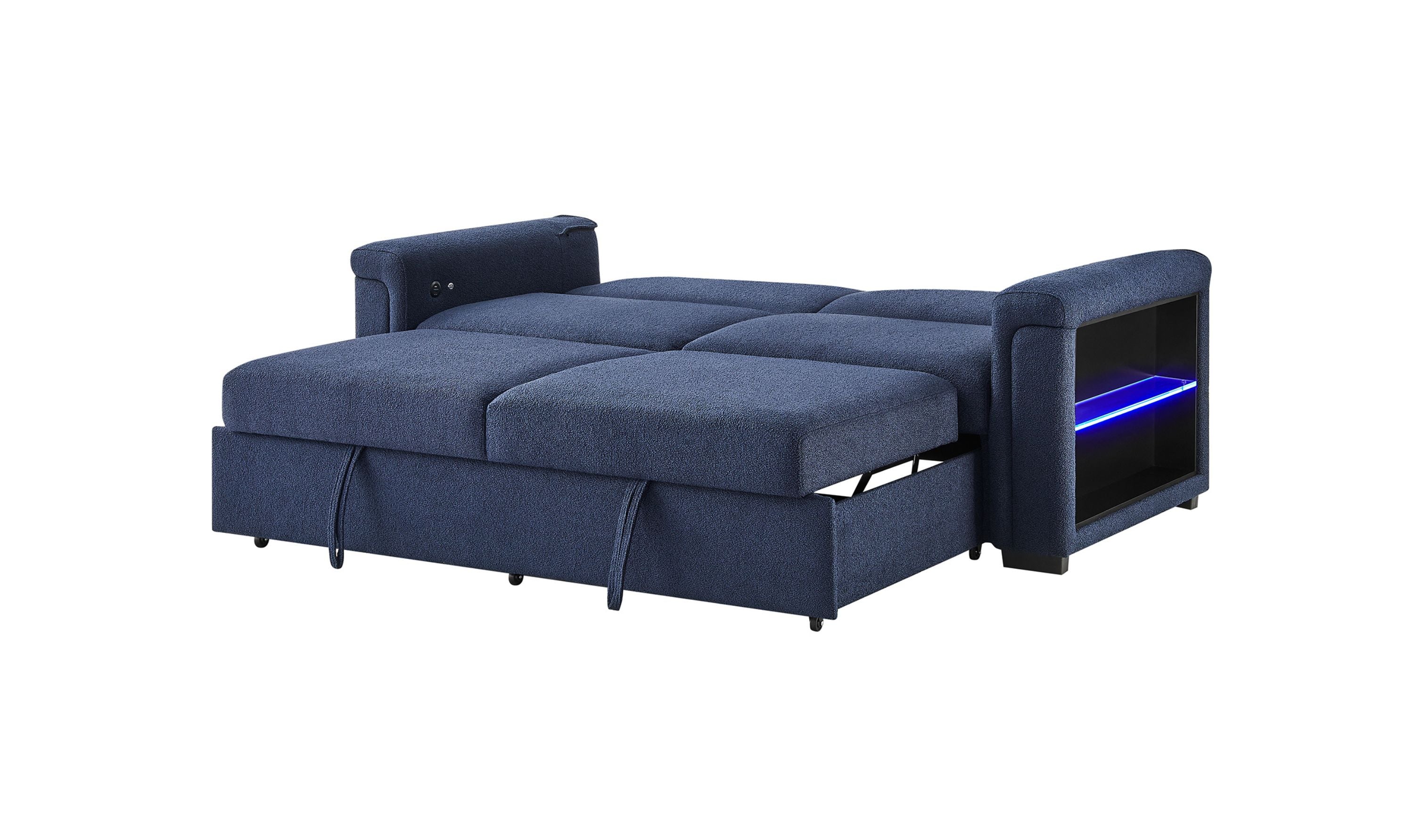 Global Furniture Orion Navy Queen Pull-Out Sofa Bed with LED Acrylic Shelves