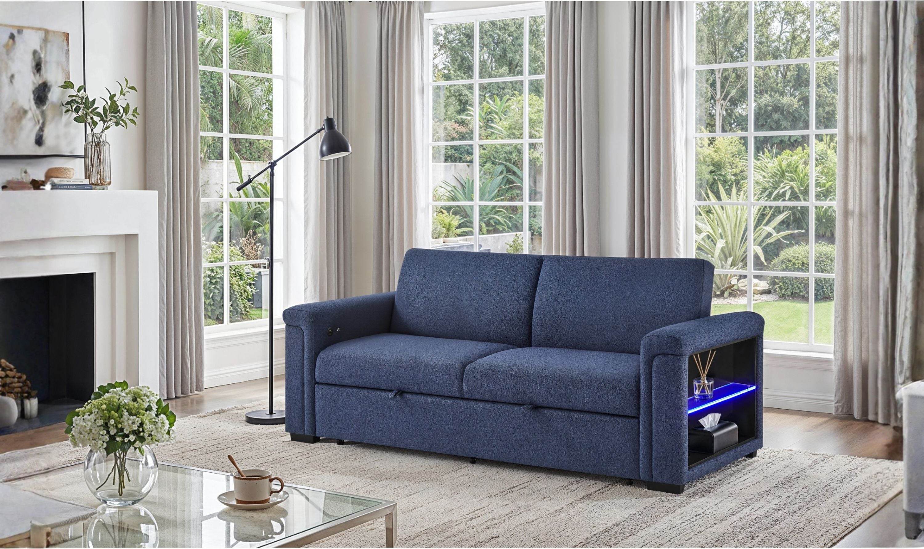 Global Furniture Orion Navy Queen Pull-Out Sofa Bed with LED Acrylic Shelves
