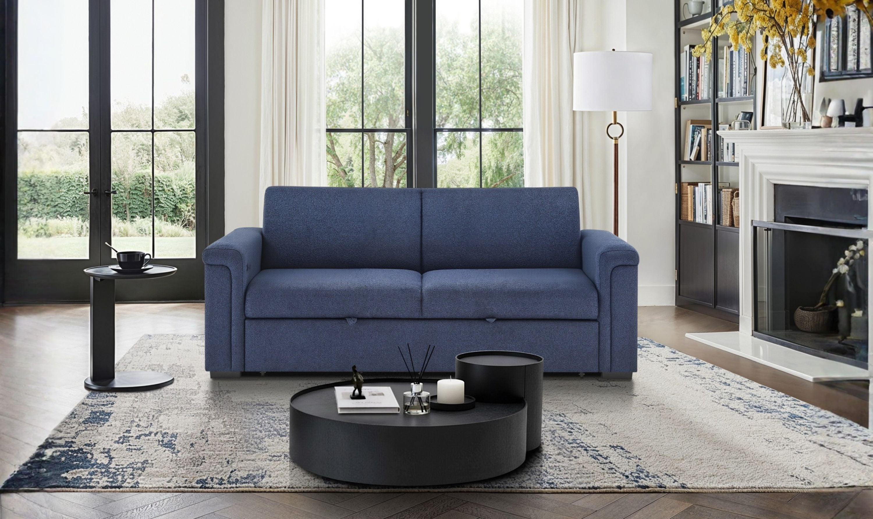 Global Furniture Orion Navy Queen Pull-Out Sofa Bed with LED Acrylic Shelves