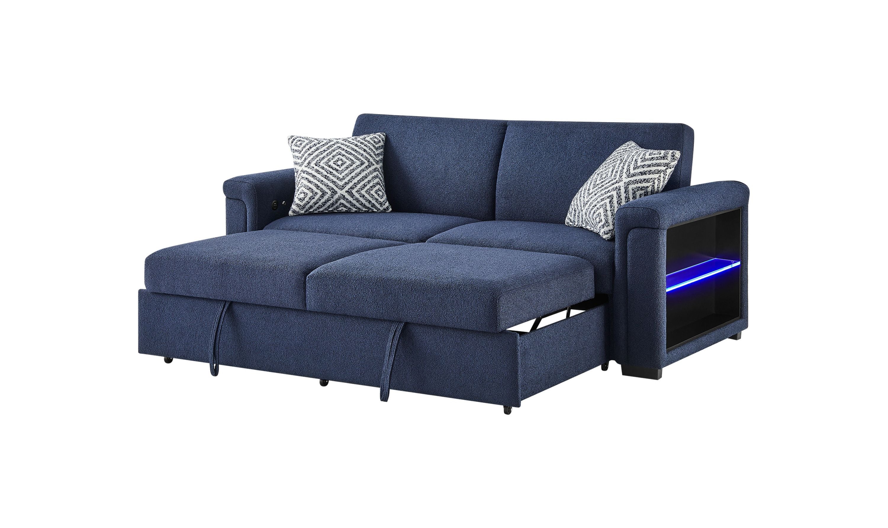 Global Furniture Orion Navy Queen Pull-Out Sofa Bed with LED Acrylic Shelves
