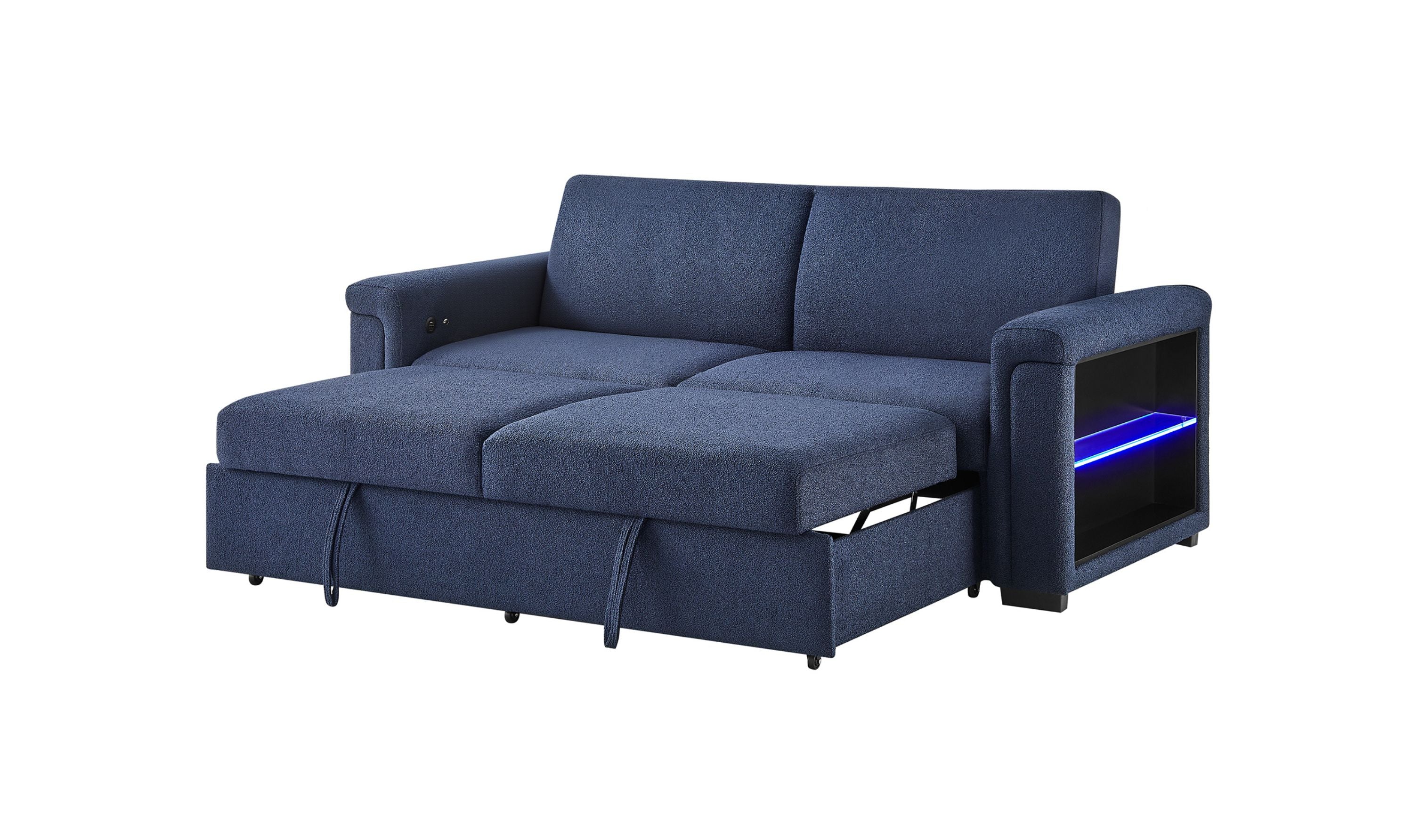 Global Furniture Orion Navy Queen Pull-Out Sofa Bed with LED Acrylic Shelves