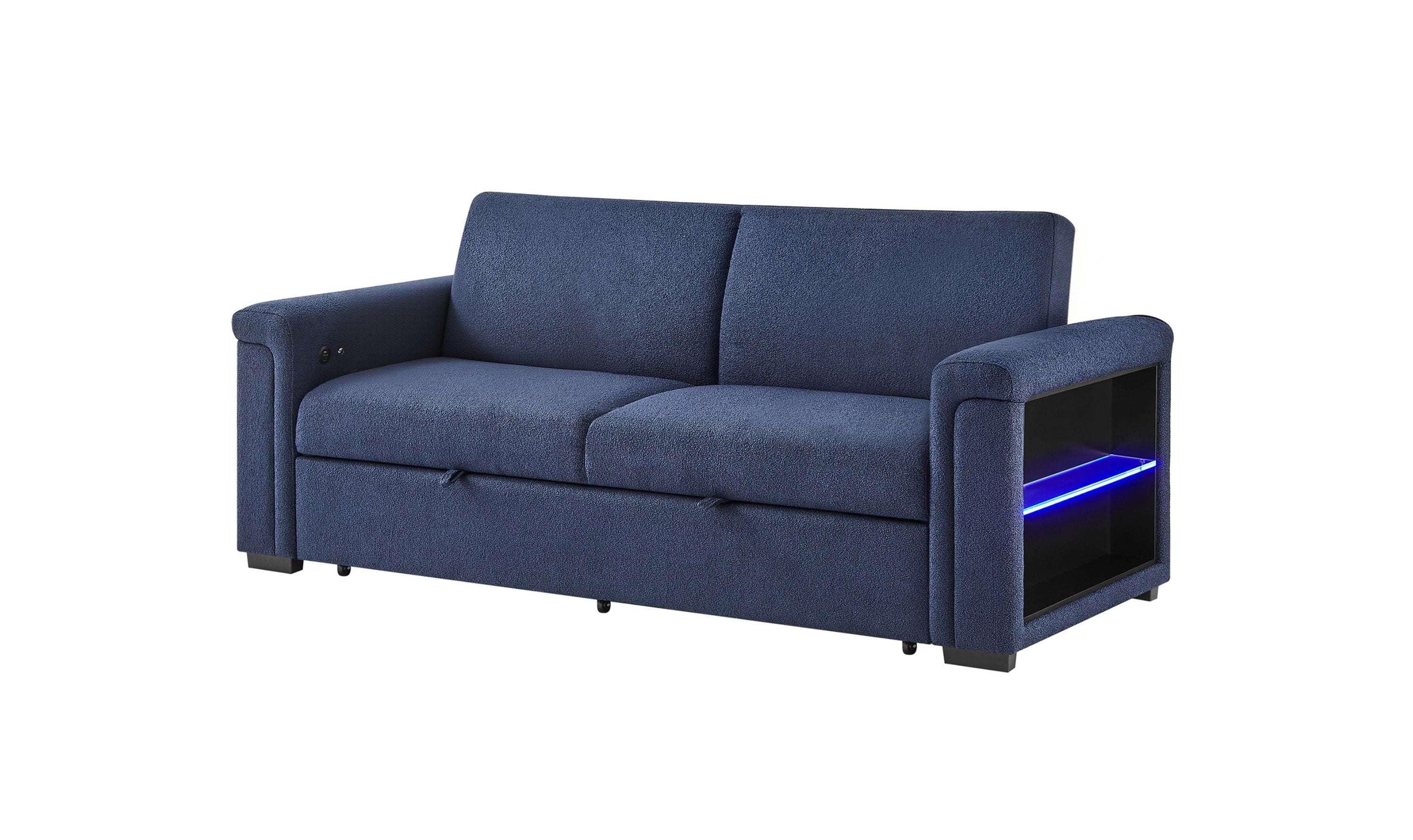 Global Furniture Orion Navy Queen Pull-Out Sofa Bed with LED Acrylic Shelves