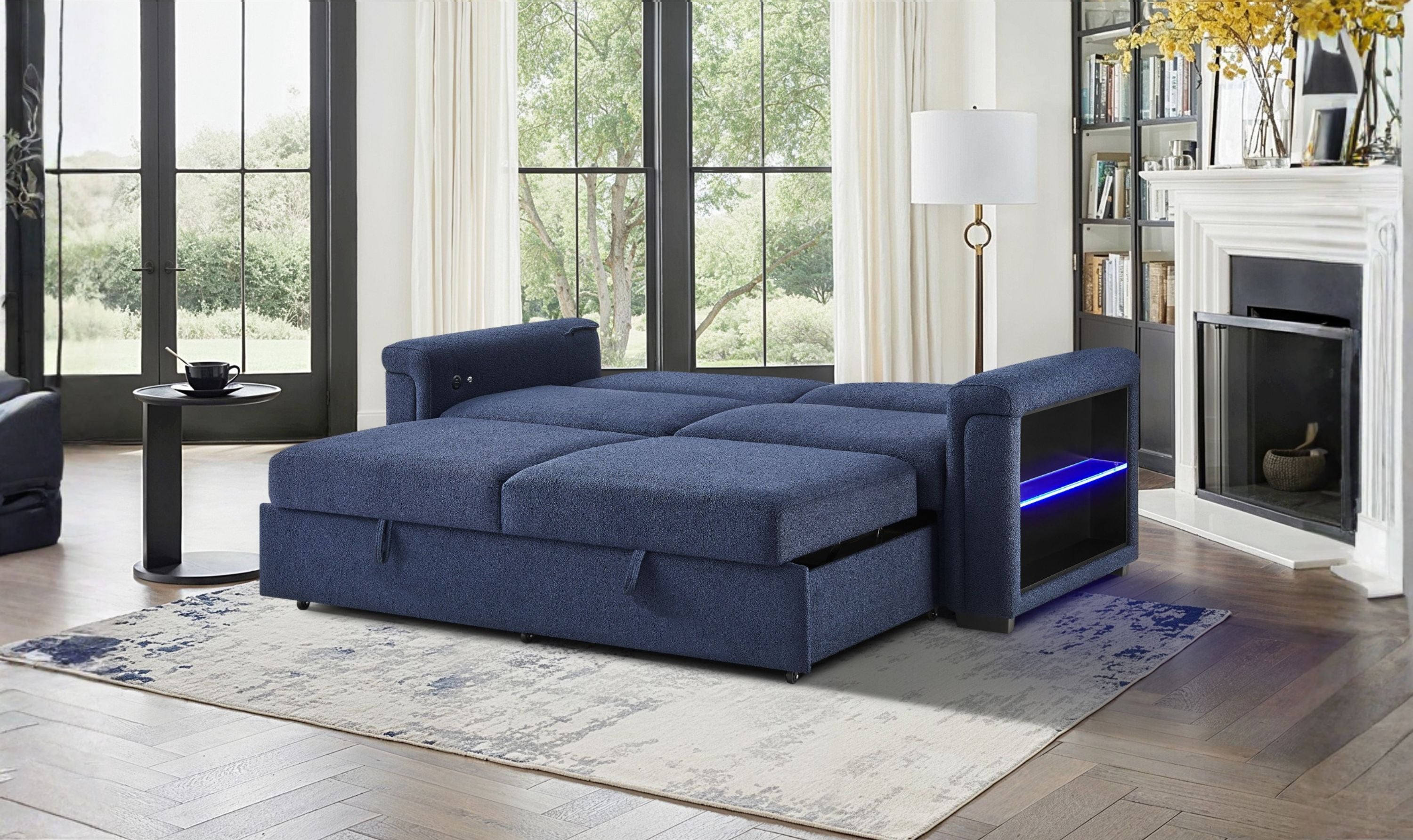 Global Furniture Orion Navy Queen Pull-Out Sofa Bed with LED Acrylic Shelves
