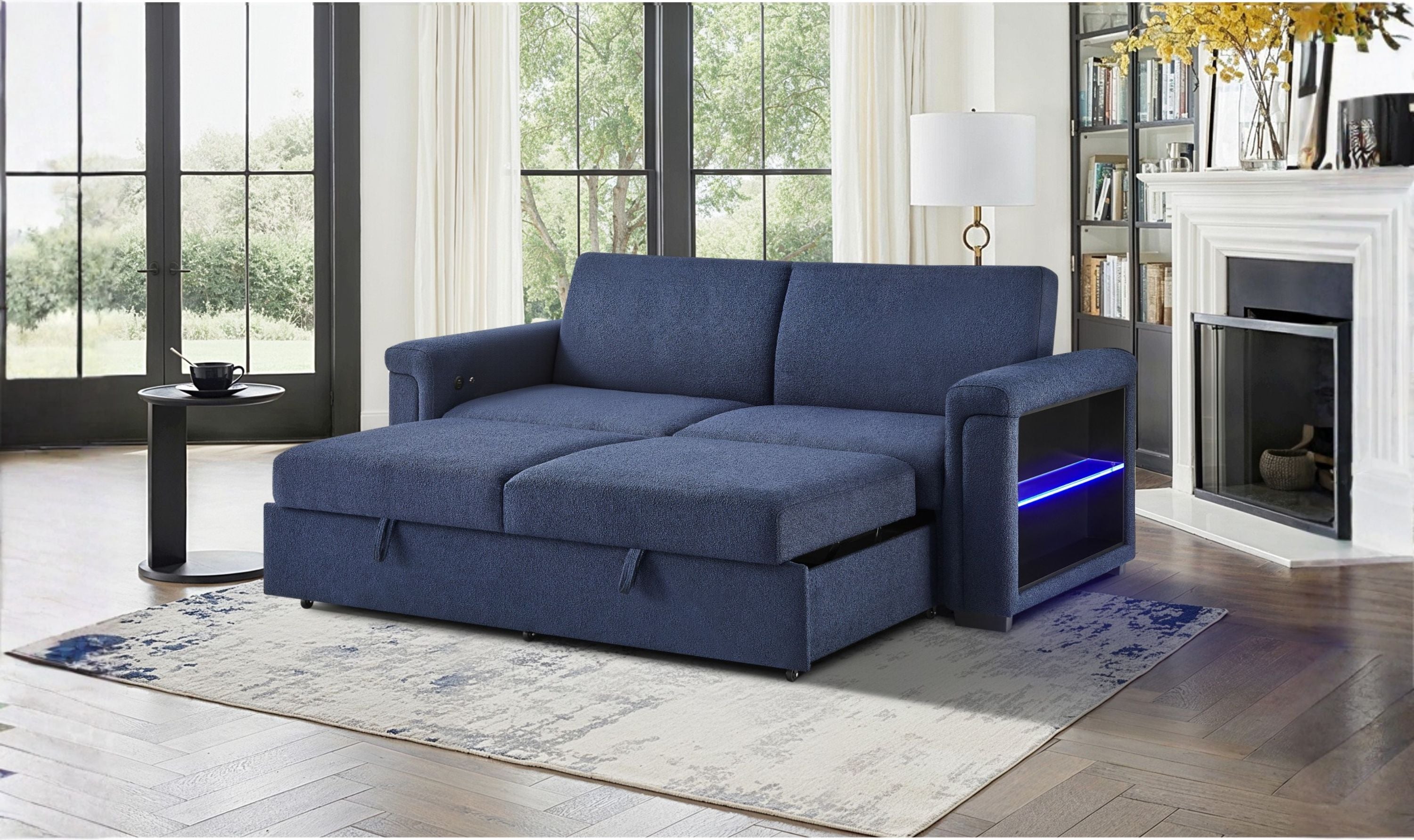 Global Furniture Orion Navy Queen Pull-Out Sofa Bed with LED Acrylic Shelves
