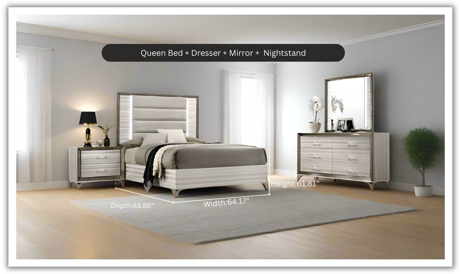 Global Furniture Zambrano White Bedroom Set With LED (King / Queen size)