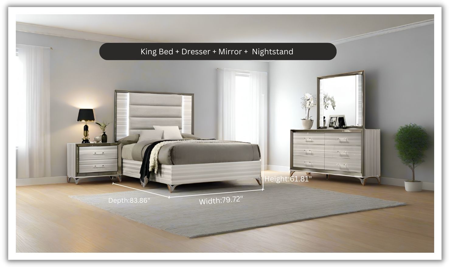 Global Furniture Zambrano White Bedroom Set With LED (King / Queen size)
