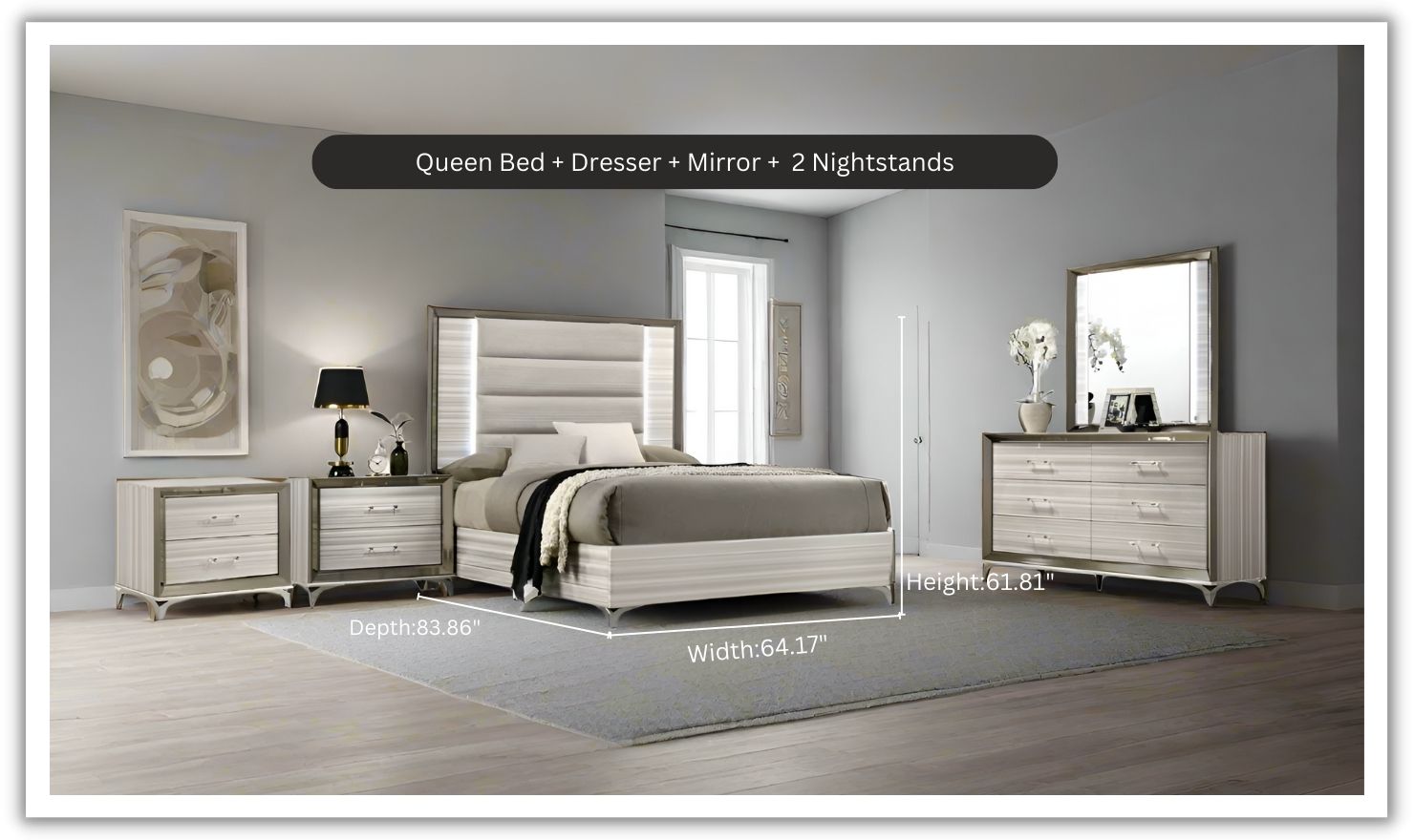 Global Furniture Zambrano White Bedroom Set With LED (King / Queen size)