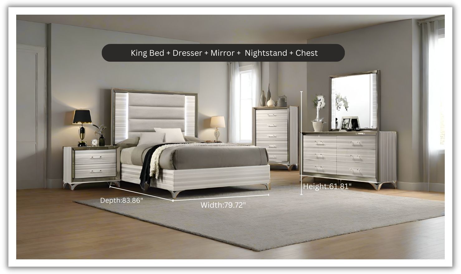 Global Furniture Zambrano White Bedroom Set With LED (King / Queen size)
