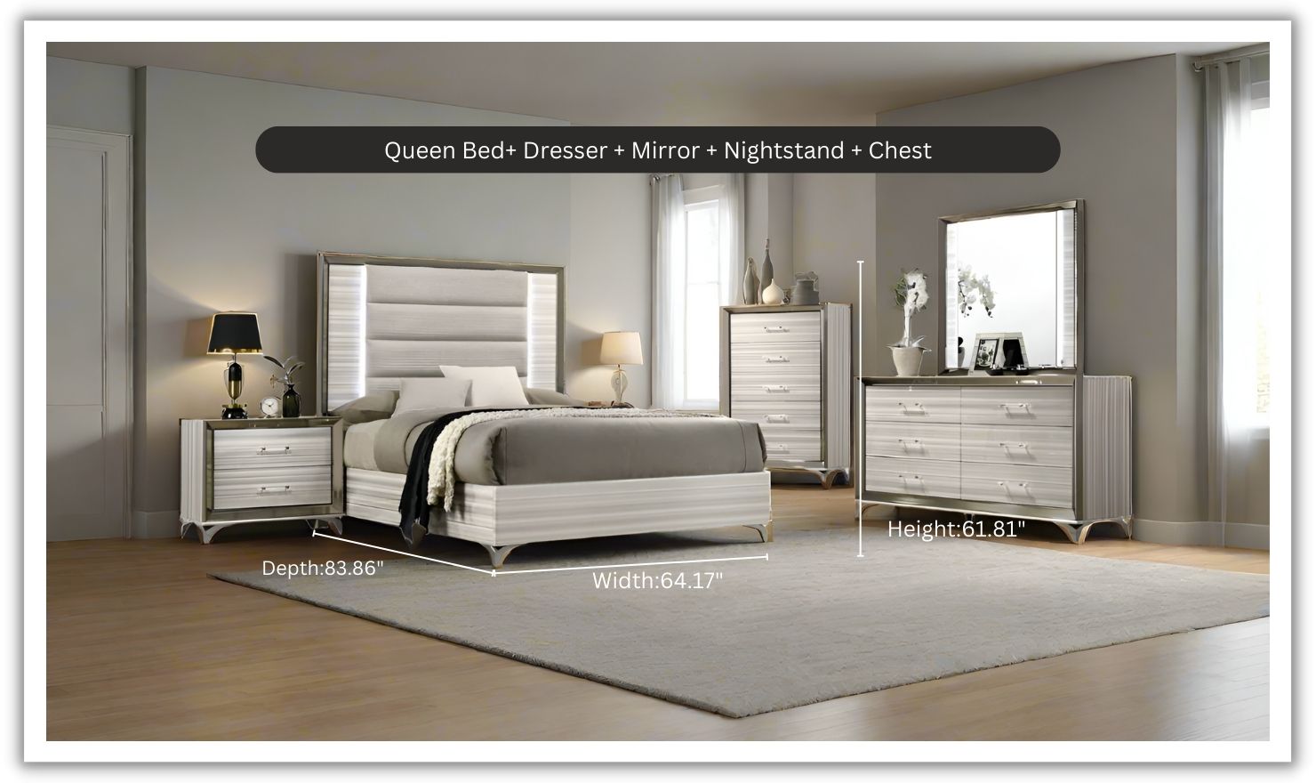 Global Furniture Zambrano White Bedroom Set With LED (King / Queen size)