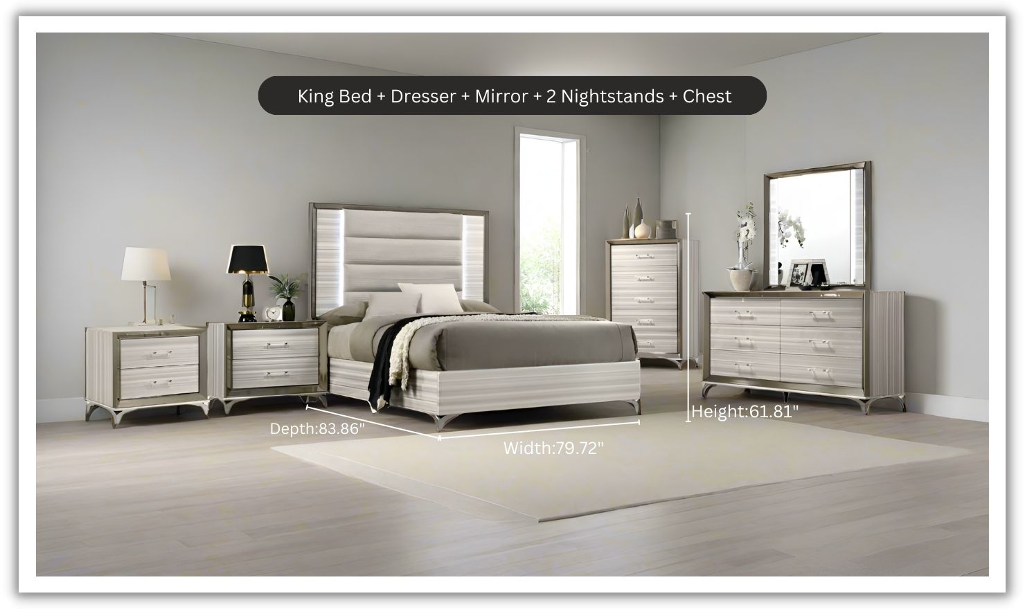 Global Furniture Zambrano White Bedroom Set With LED (King / Queen size)