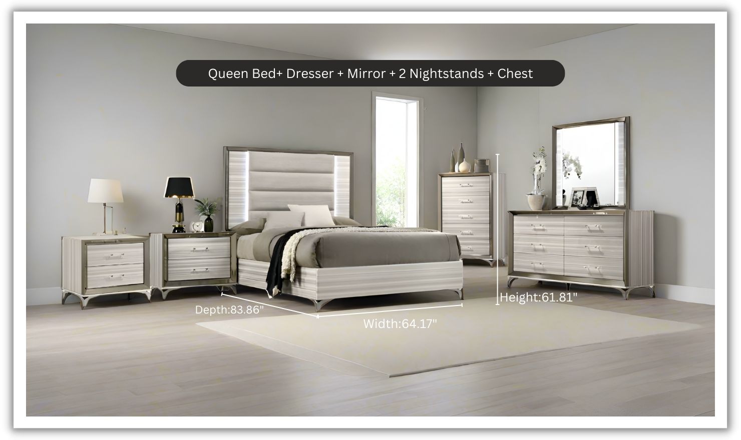 Global Furniture Zambrano White Bedroom Set With LED (King / Queen size)