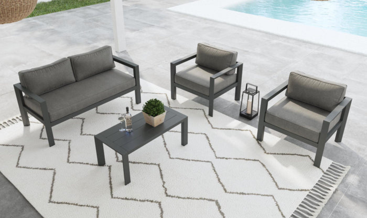 Grayton Outdoor Aluminum Loveseat with Lounge Chairs and Coffee Table by homestyles-jennifer furniture
