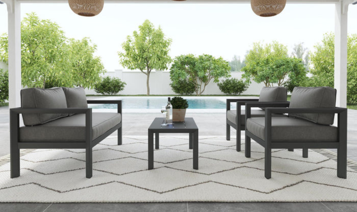 Grayton Outdoor Aluminum Loveseat with Lounge Chairs and Coffee Table by homestyles-jennifer furniture