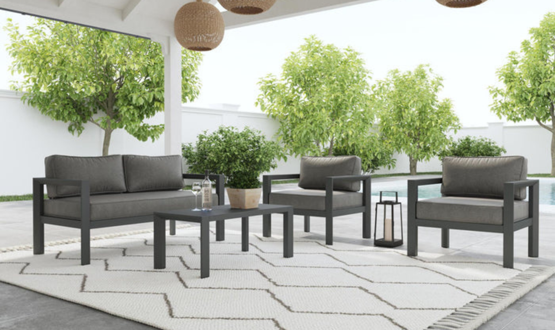 Grayton Outdoor Aluminum Loveseat with Lounge Chairs and Coffee Table by homestyles-jennifer furniture