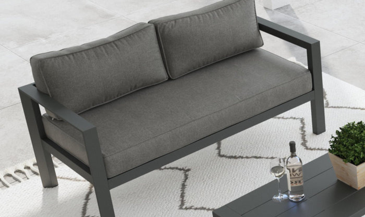 Grayton Outdoor Aluminum Loveseat with Lounge Chairs and Coffee Table by homestyles-jennifer furniture