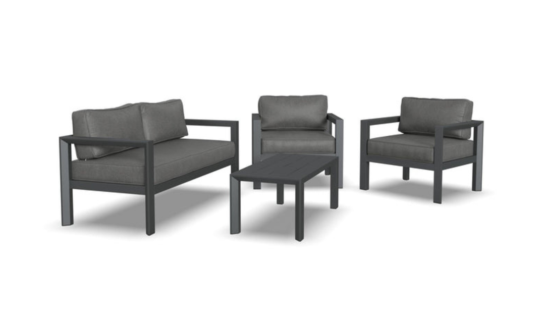 Grayton Outdoor Aluminum Loveseat with Lounge Chairs and Coffee Table by homestyles-jennifer furniture