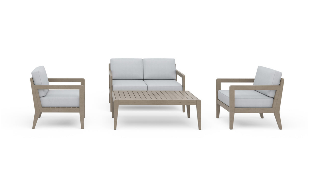 Left and right armchairs and a central two-seater sofa with light gray cushions and beige wood frame, sized for outdoor use.