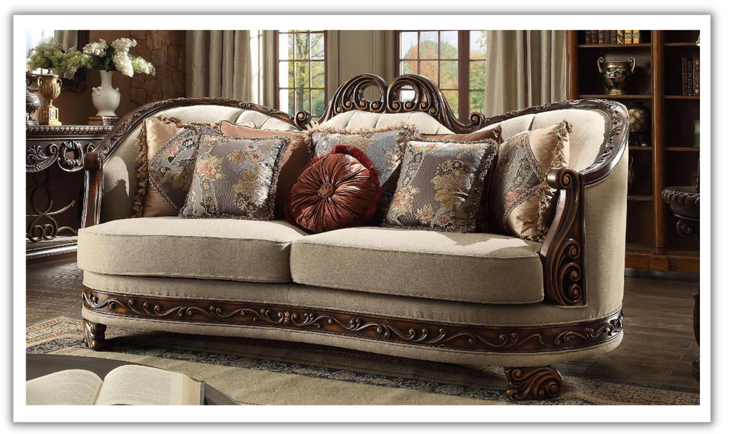 Horner Fabric Sofa in Dark Red Mahogany with Antique Gold Details