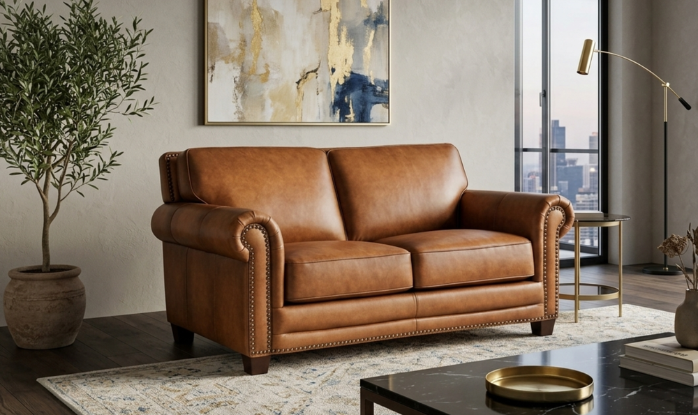 Hydeline Cimmaron Leather Upholstered Loveseat With Rolled Arms - Jennifer Furniture