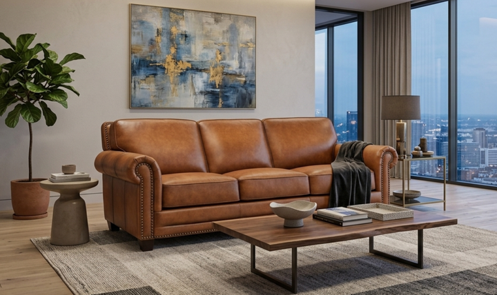 Hydeline Cimmaron Leather Upholstered Sofa With Rolled Arms - Jennifer Furniture