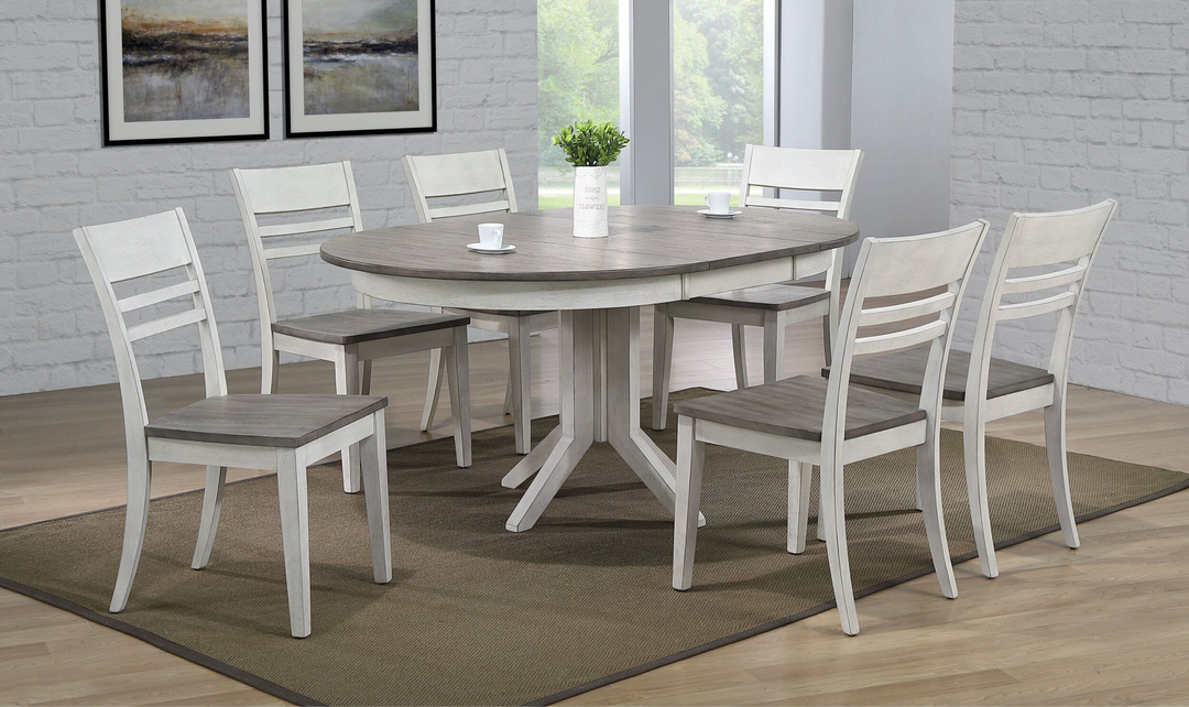 Iconic Contemporary Table In Ash & Stormy White With Transitional Ladder Back Chairs 7-Piece Dining Set-jennifer furniture