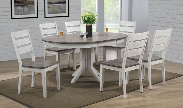 Iconic Contemporary Table In Ash & Stormy White With Transitional Ladder Back Chairs 7-Piece Dining Set-jennifer furniture