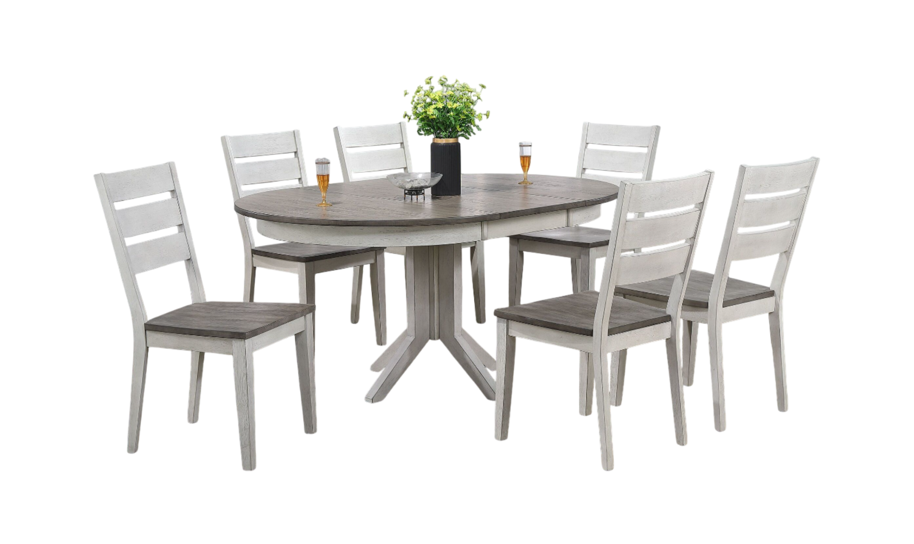 Iconic Contemporary Table In Ash & Stormy White With Transitional Ladder Back Chairs 7-Piece Dining Set-jennifer furniture