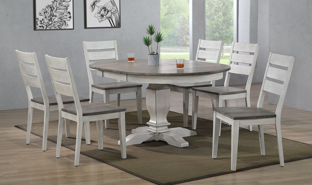 Iconic Furniture Company Transitional Table In Ash & Stormy White With Contemporary Ladder Back Chairs 7- Piece Dining Set-jennifer furniture