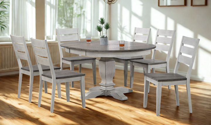 Iconic Furniture Company Transitional Table In Ash & Stormy White With Contemporary Ladder Back Chairs 7- Piece Dining Set-jennifer furniture