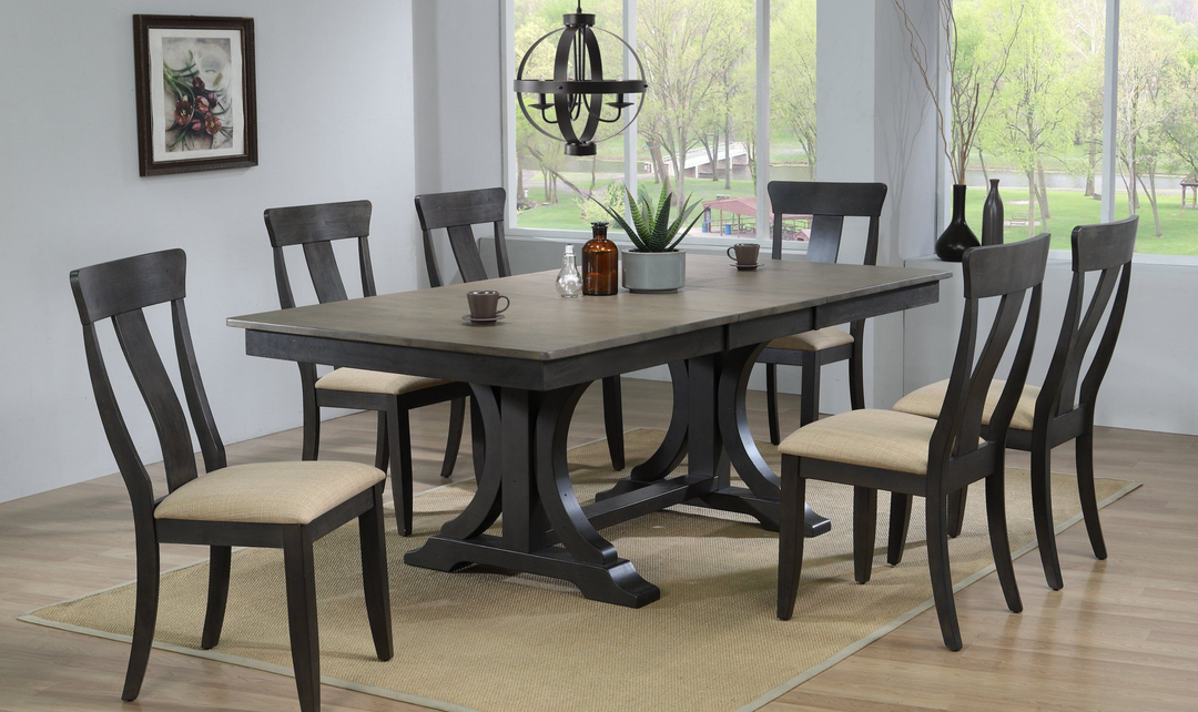 Iconic Furniture Double Deco Antique Grey Stone & Black Stone Panel Back Dining Set With Upholstered Seat-jennifer furniture