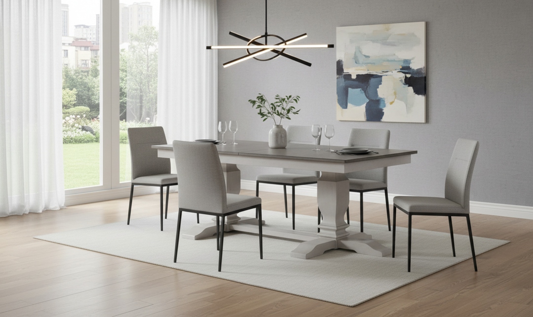 Iconic Furniture ER Double Pedestal Transitional Distressed Ash & Stormy White Dining Table-jennifer furniture
